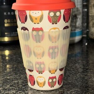 Owl Pattern Travel Mug with orange Lid Eco Friendly